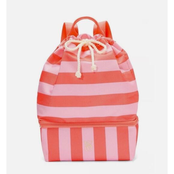 Victoria's Secret Pink & Coral Stripe ULTIMATE BEACH BAG backpack Cooler NWT - Picture 1 of 7
